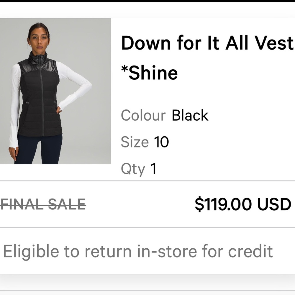 Lululemon down for it all shine vest size 10